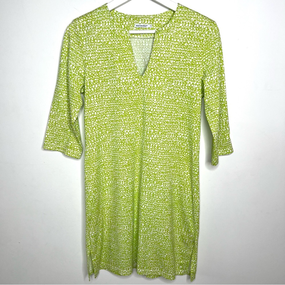 MARIMEKKO Light Green White Tunic Cotton 3/4 Sleeve Tunic Dress Size X